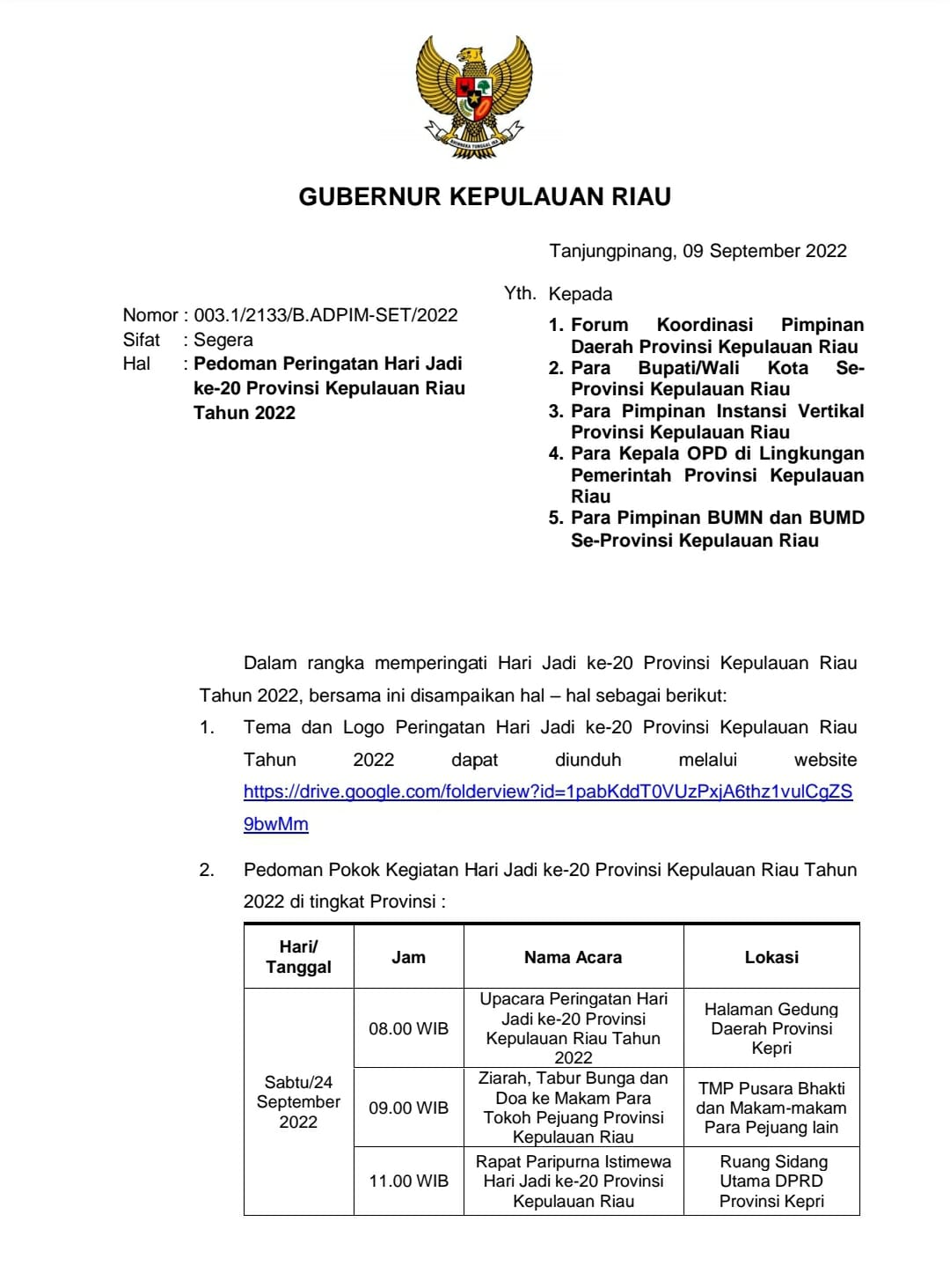 surat edaran gubernur kepri hut ke 20 kepri