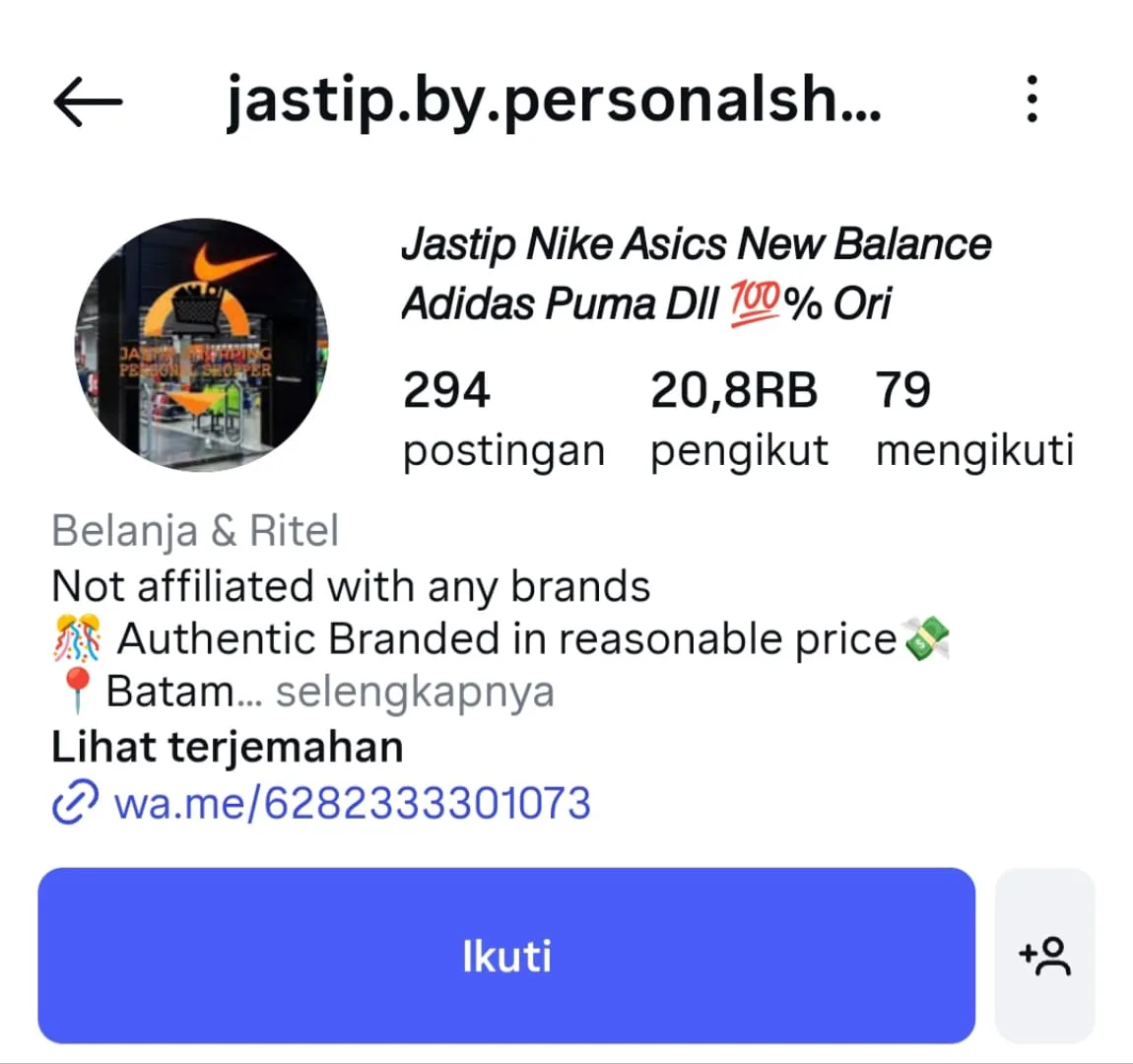 (Screenshot akun Instagram Jasa Titip Penipu - Jastip Nike Asics New Balance Adidas Puma Dll 100% Ori (jastip.by.personalshopper) dengan 20,8 ribu pengikut)